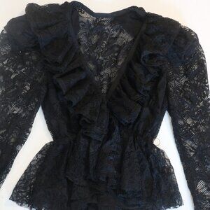 Womens Bloomingdale's Black Lace Pullover Ruffled V-Neck Blouse Top XS